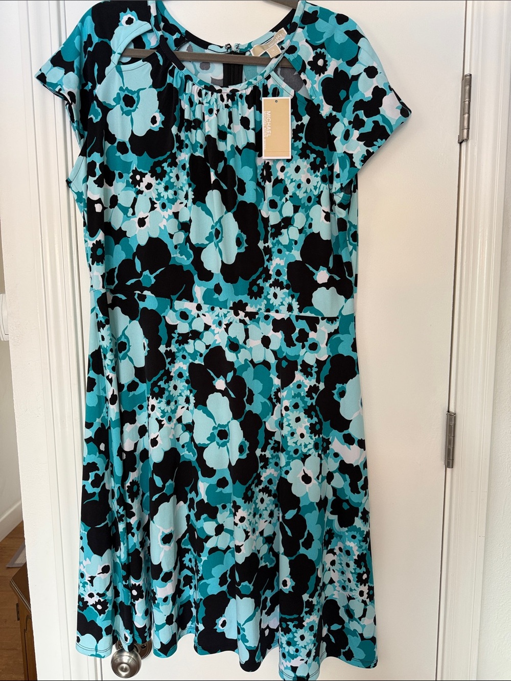 MICHAEL Michael Kors Teal Black White Floral A-line Dress